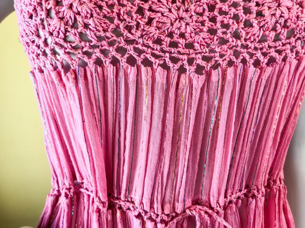 Indian Cotton Gauze Crochet Pink Dress with Rainbow Metallic Threads — vintage Sameer dress in pink, multicolour
