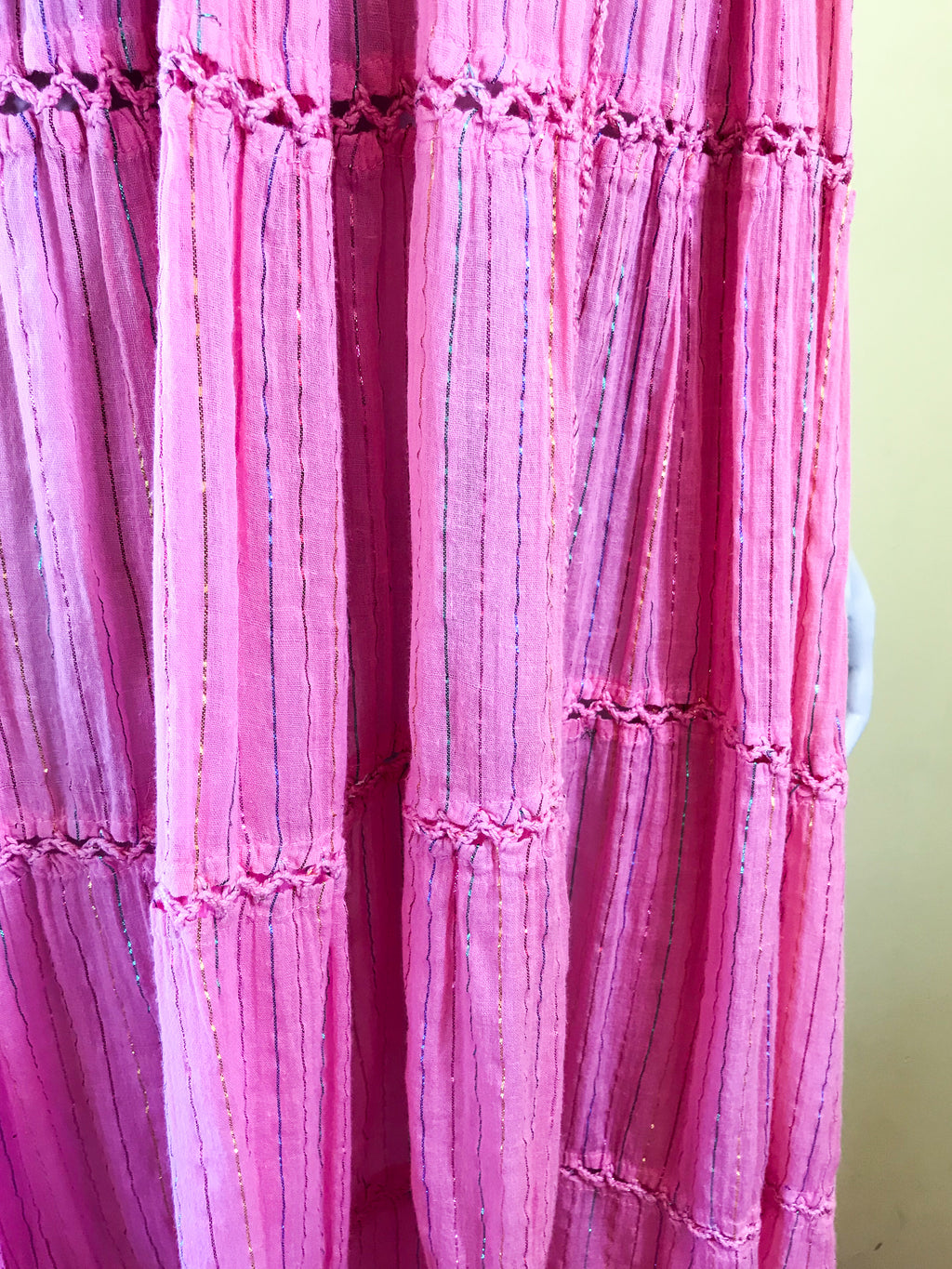 Indian Cotton Gauze Crochet Pink Dress with Rainbow Metallic Threads — vintage Sameer dress in pink, multicolour