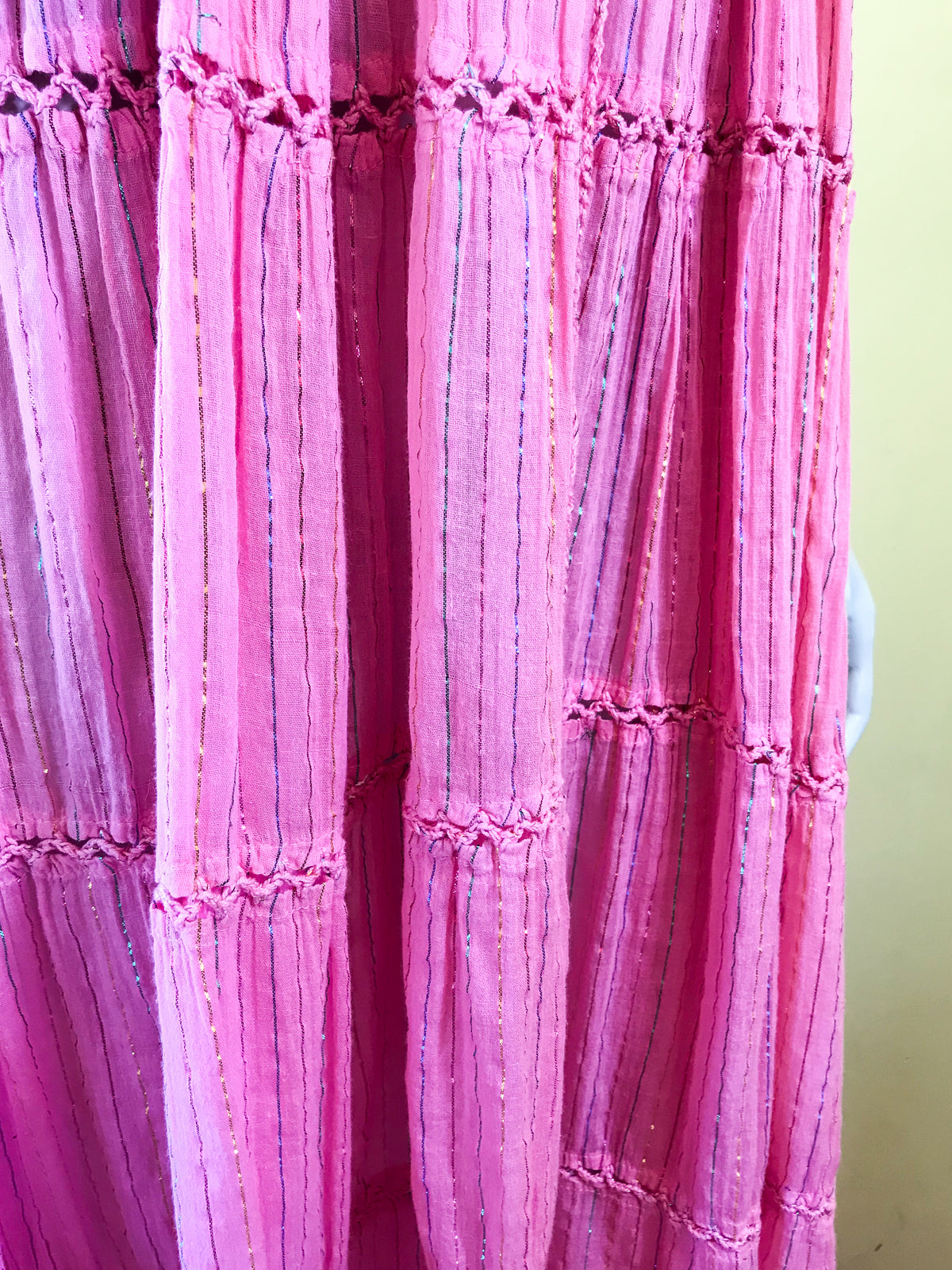 Indian Cotton Gauze Crochet Pink Dress with Rainbow Metallic Threads — vintage Sameer dress in pink, multicolour