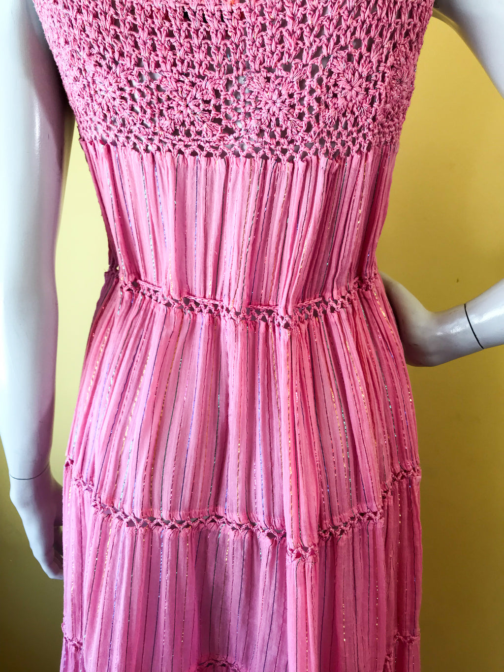 Indian Cotton Gauze Crochet Pink Dress with Rainbow Metallic Threads — vintage Sameer dress in pink, multicolour