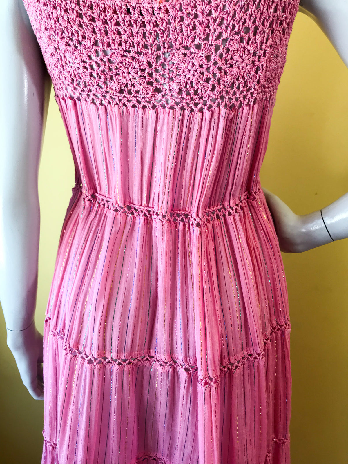 Indian Cotton Gauze Crochet Pink Dress with Rainbow Metallic Threads — vintage Sameer dress in pink, multicolour