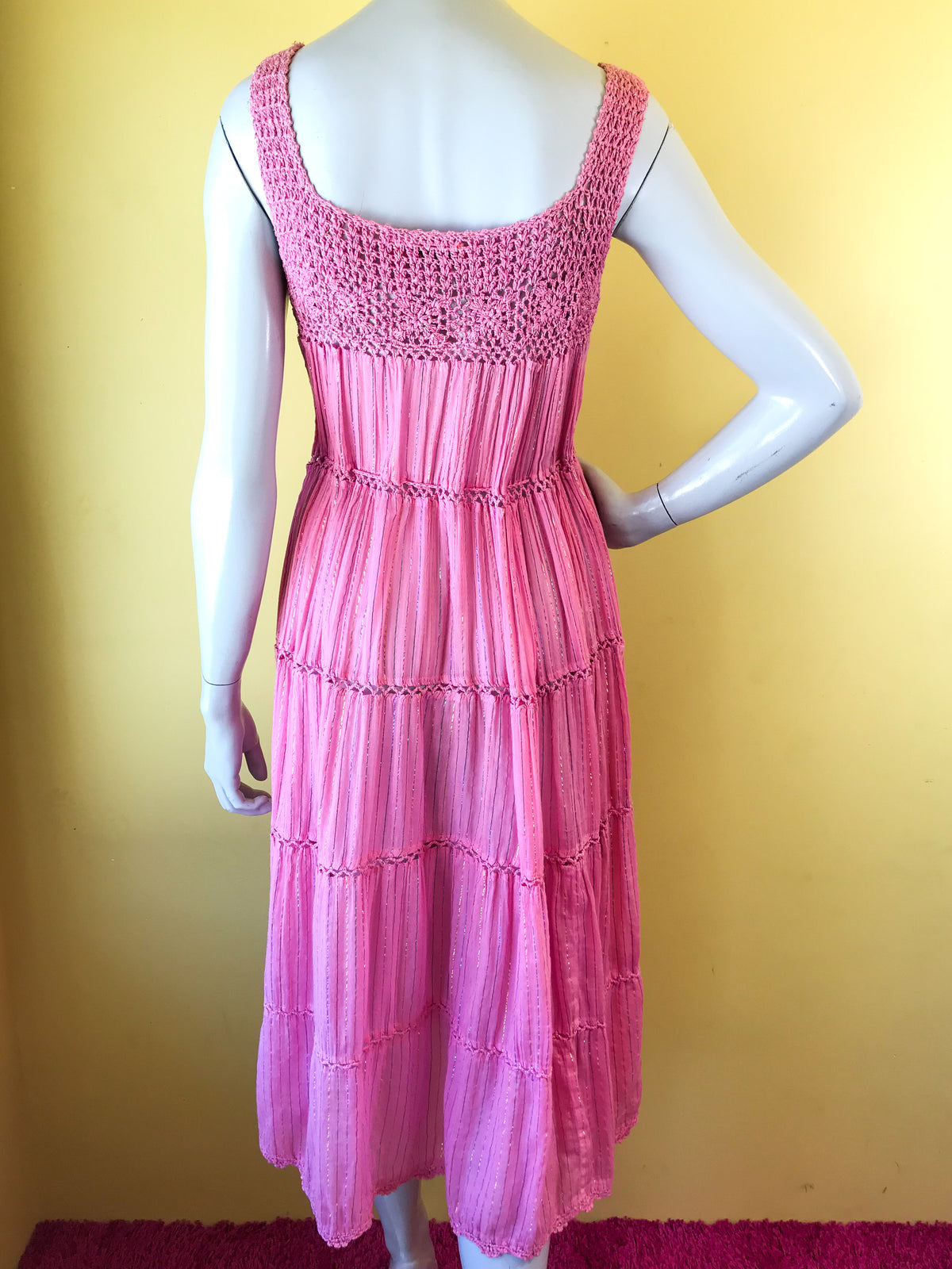 Indian Cotton Gauze Crochet Pink Dress with Rainbow Metallic Threads — vintage Sameer dress in pink, multicolour