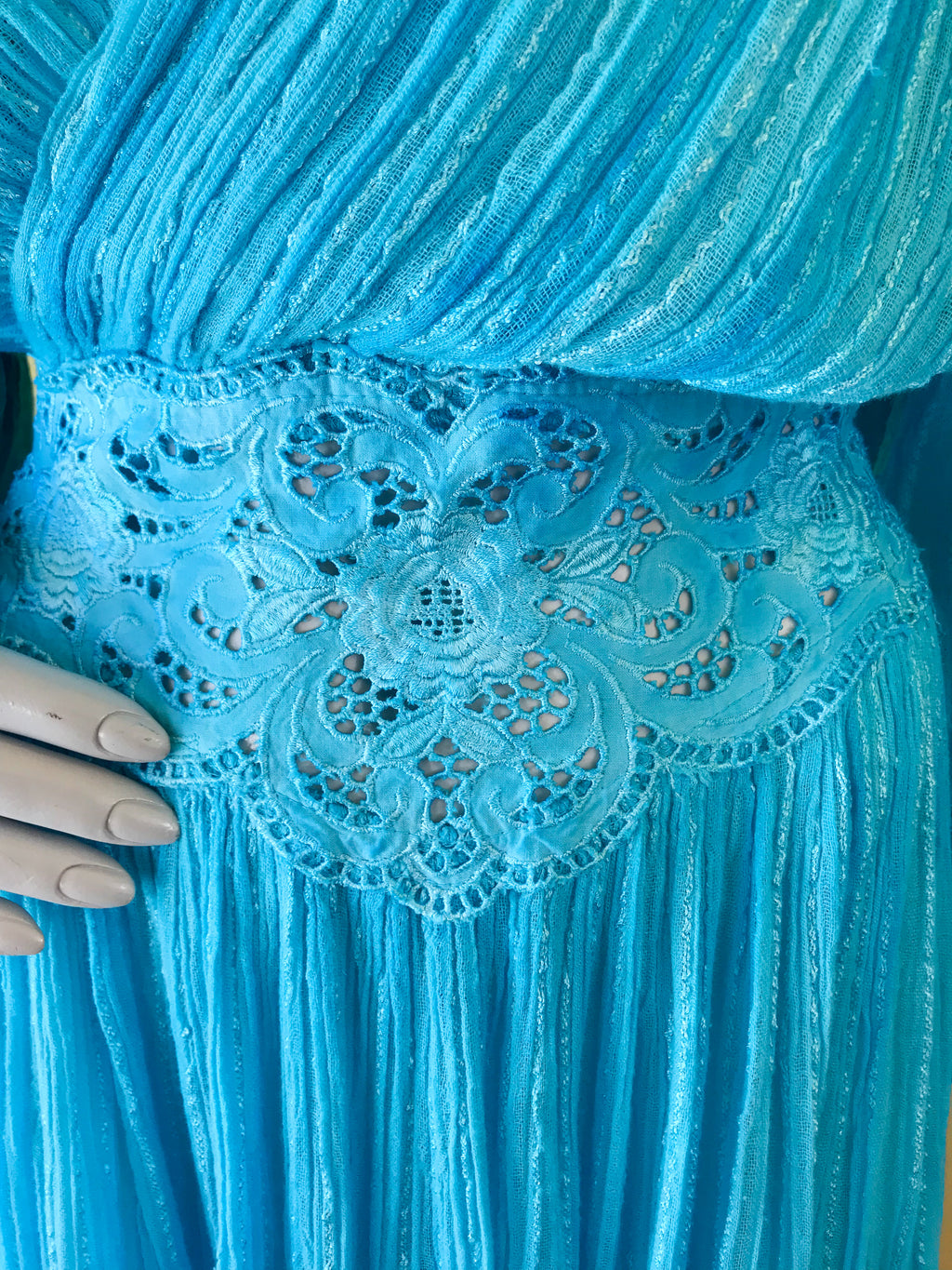Turquoise Blue Cotton Gauze Balloon Sleeve Cut Out Grecian Dress — vintage dress in blue