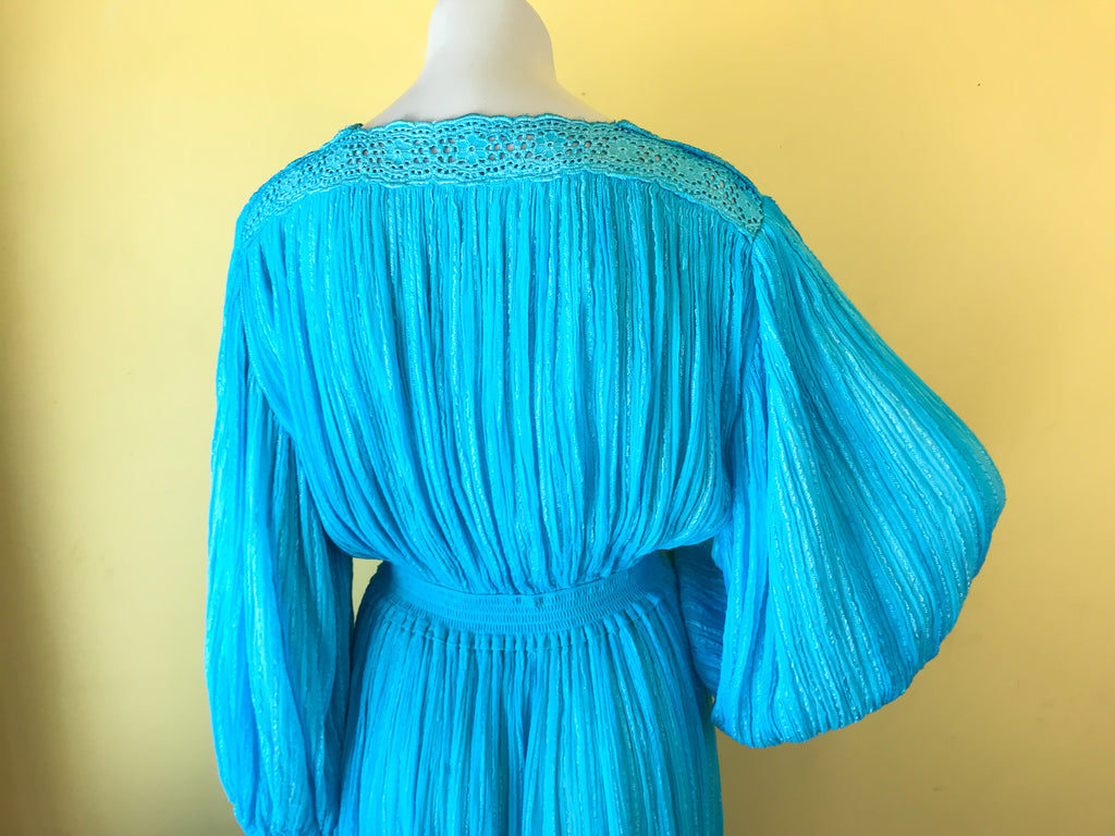 Turquoise Blue Cotton Gauze Balloon Sleeve Cut Out Grecian Dress — vintage dress in blue