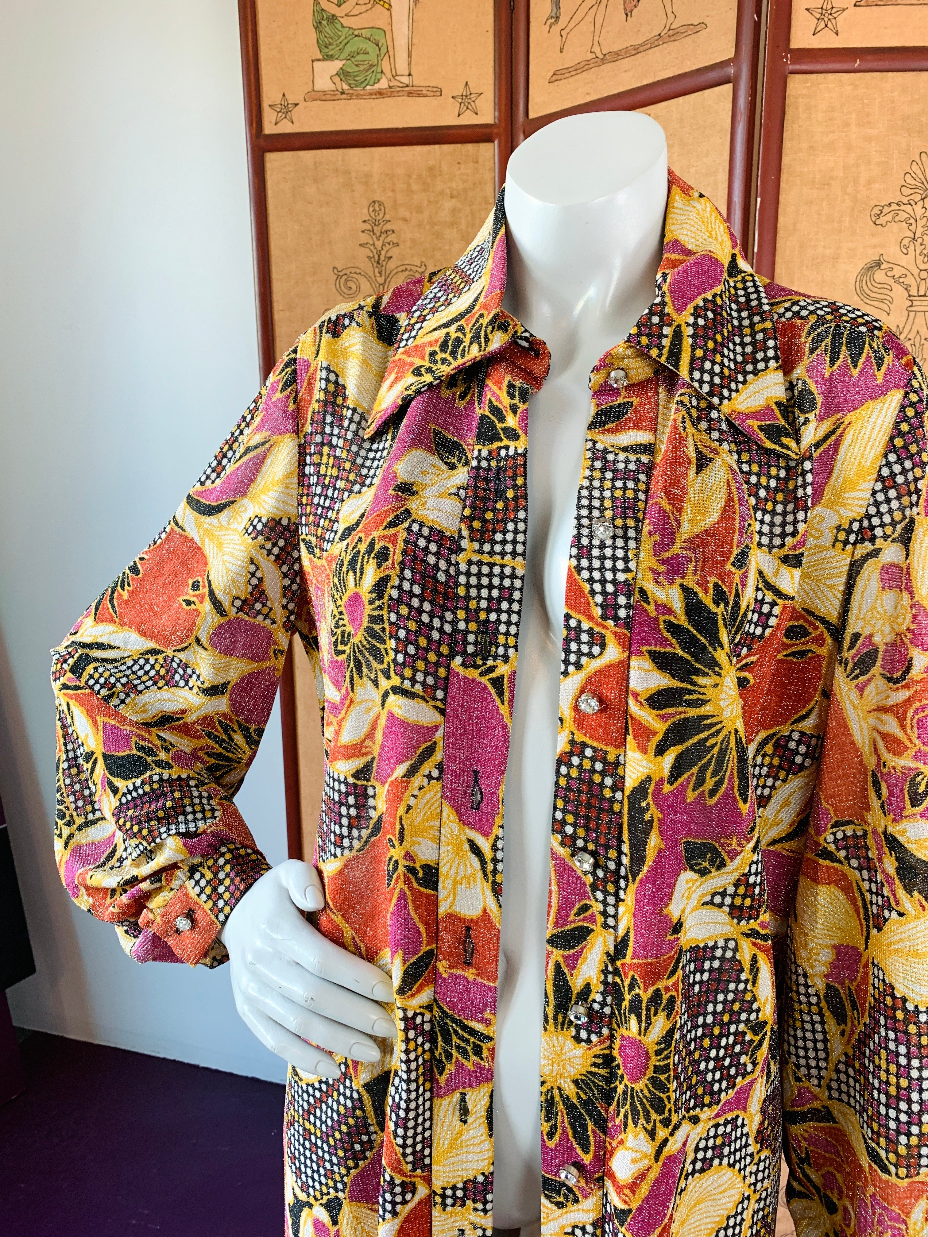 1970s Metallic Disco Maxi Dress Duster with Rhinestone Buttons — vintage 1970s dress in multicolour