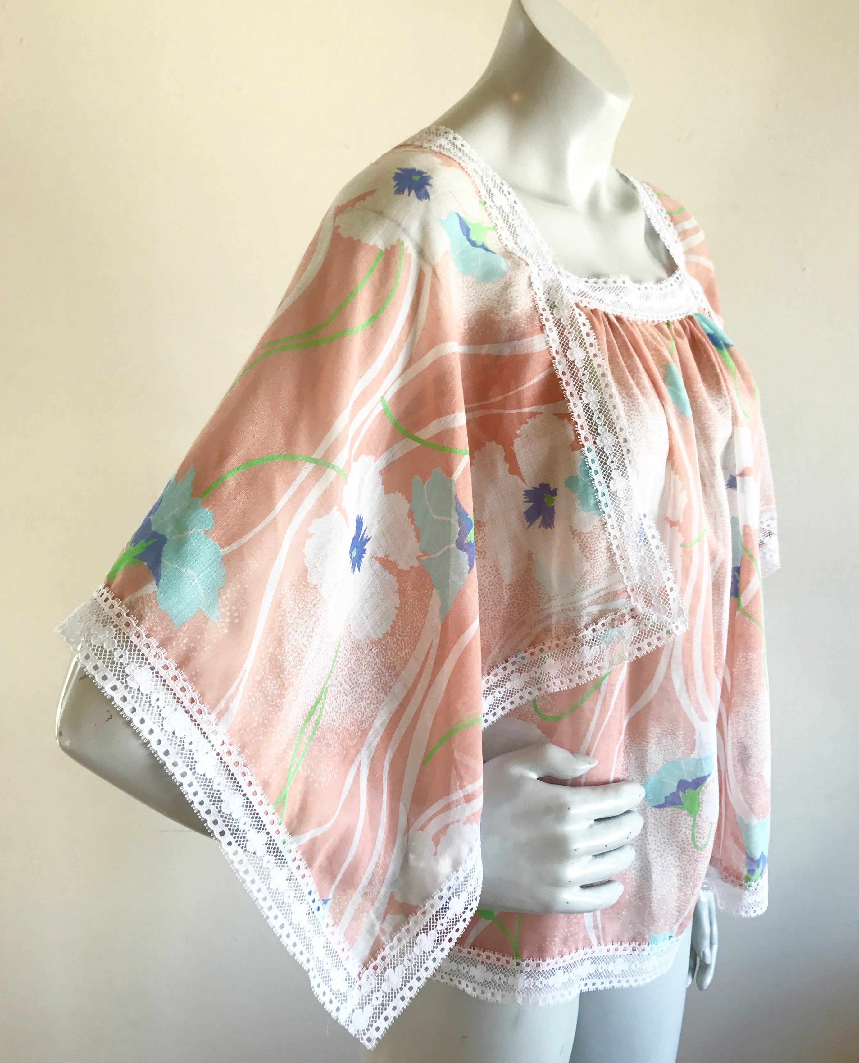Semi Sheer Pastel Fairy Hem Lace Trimmed Blouse — vintage 1970s top
