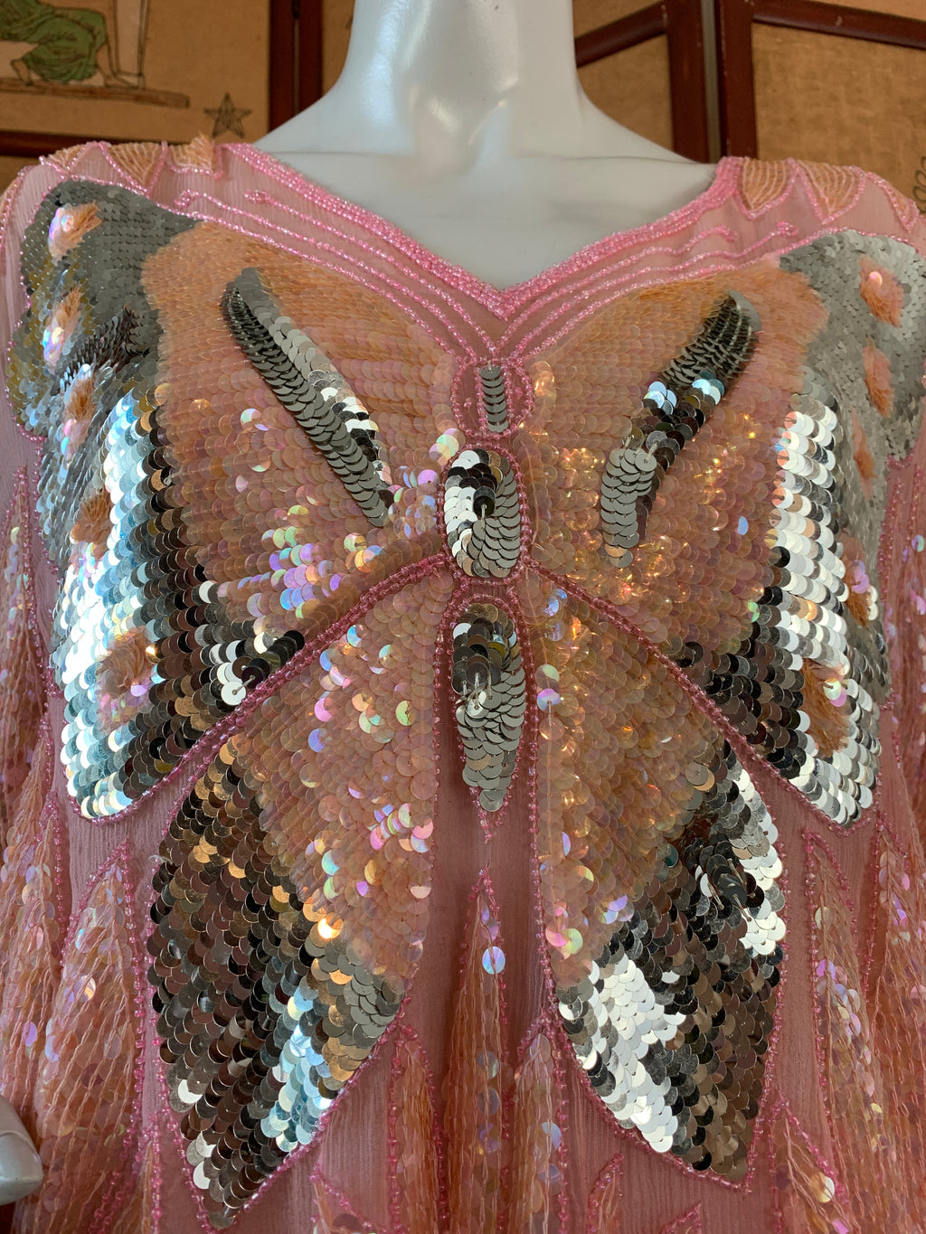 Pink Sequin Butterfly Silk Blouse — vintage 1980s top in pink
