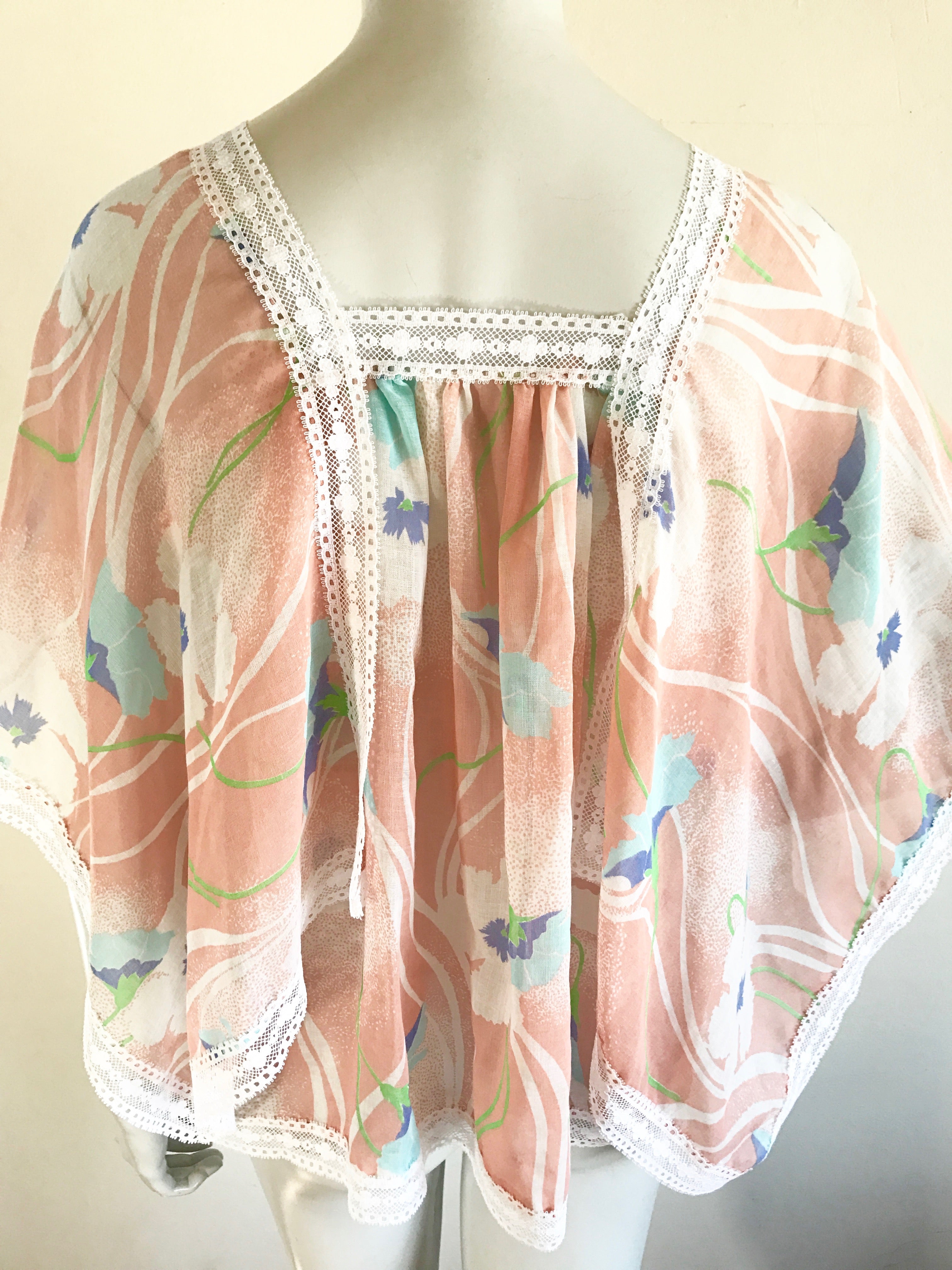 Semi Sheer Pastel Fairy Hem Lace Trimmed Blouse — vintage 1970s top