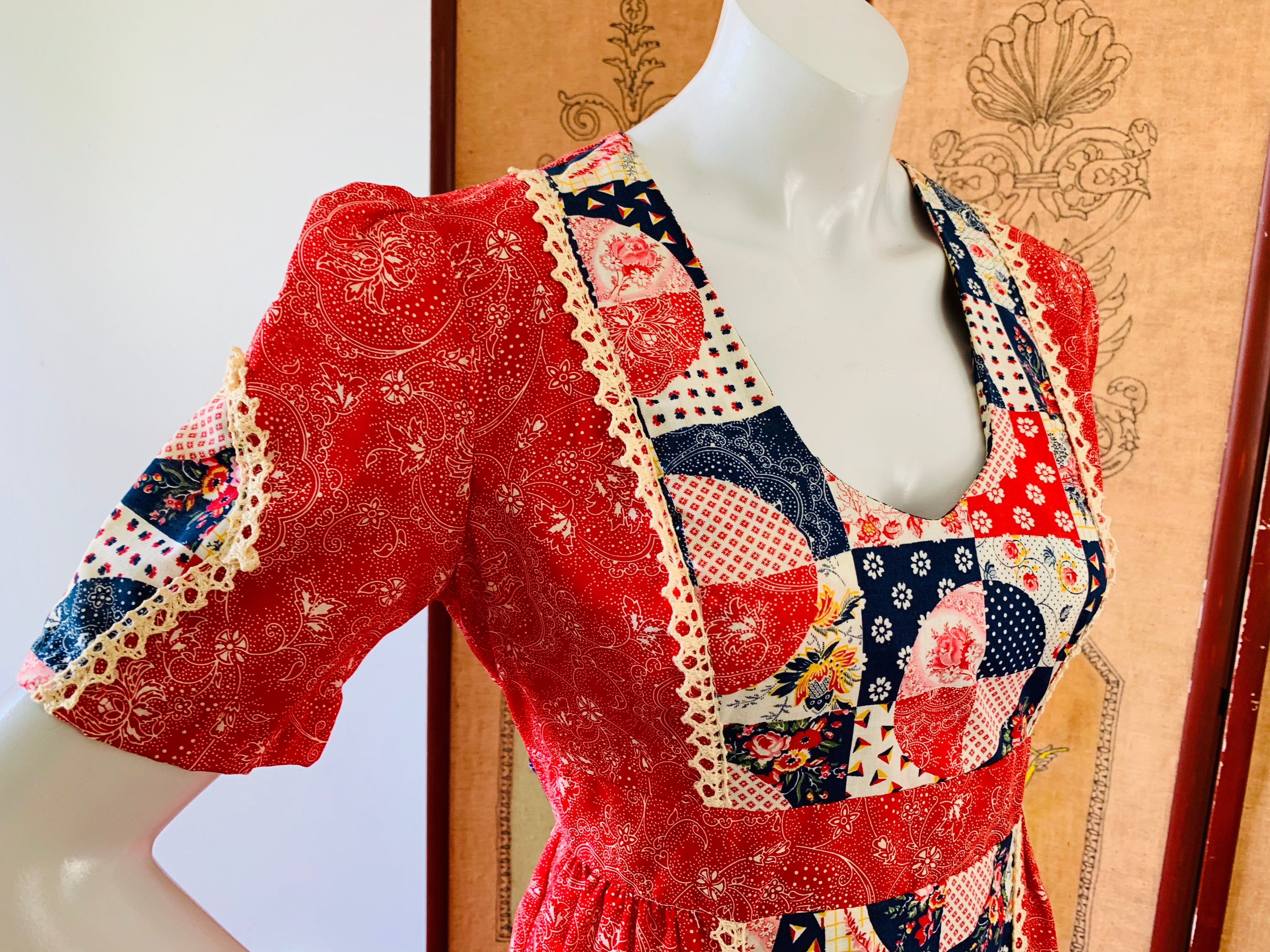 Red Paisley Patchwork Print 1970s Puff Sleeve Maxi Dress — vintage 1970s dress in red