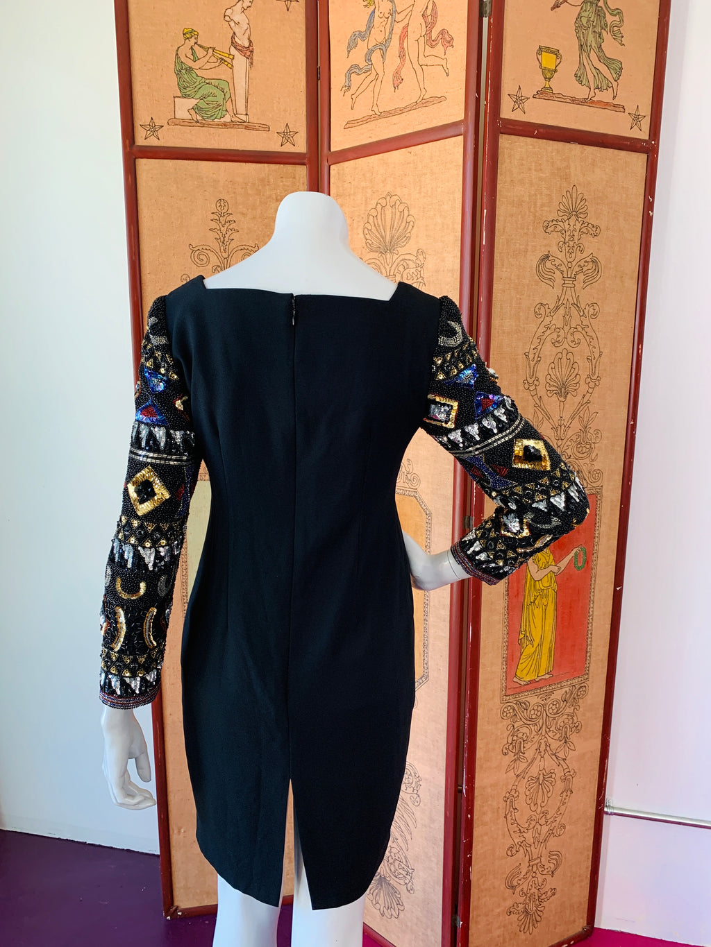 Black Party Dress with Sequin & Beaded Sleeves — vintage 1990s A.J. Bari dress in black
