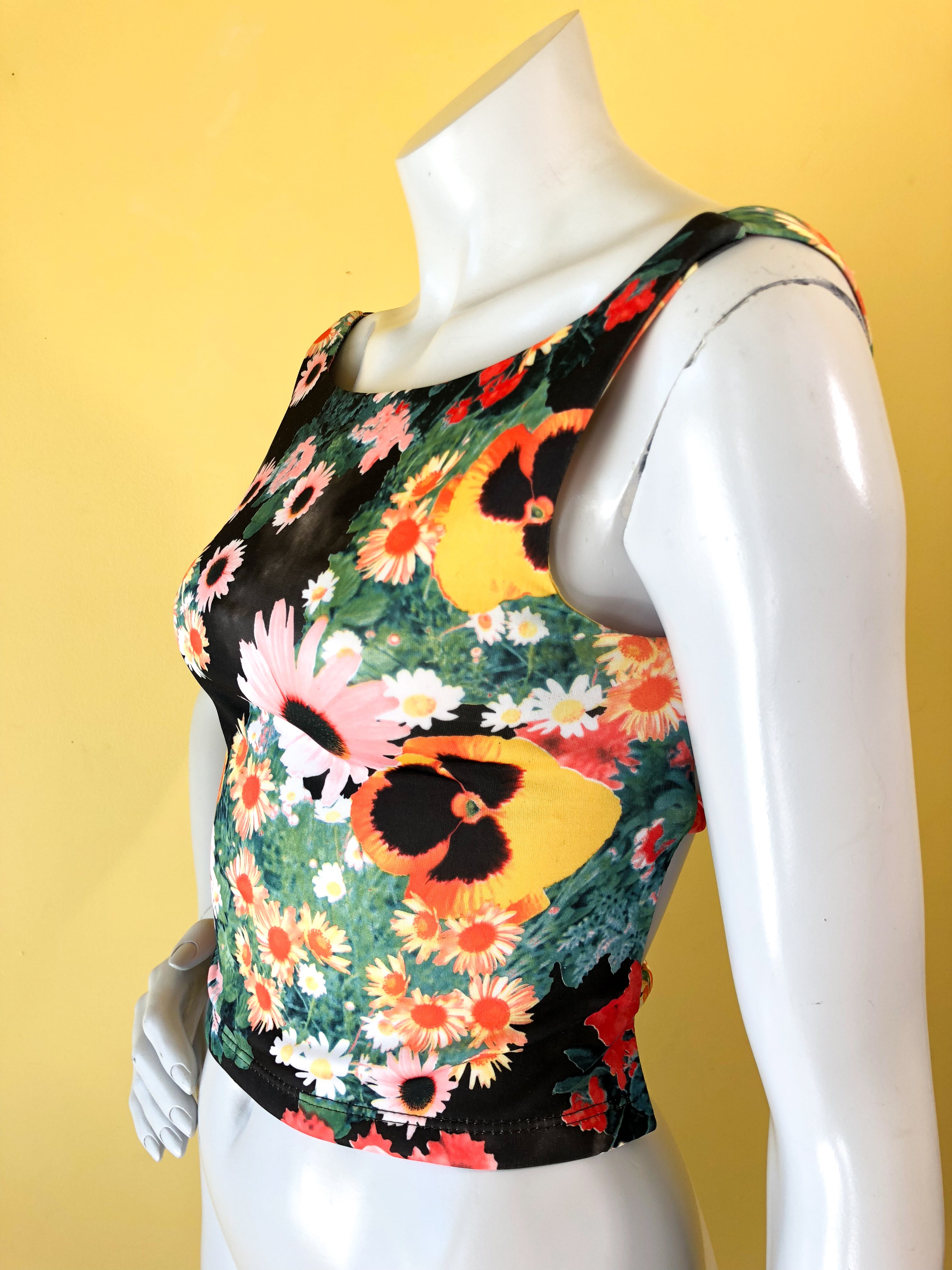 Floral Photo Print Cage Back 90s Tank Top — vintage 1990s Michelle U.S.A top in black