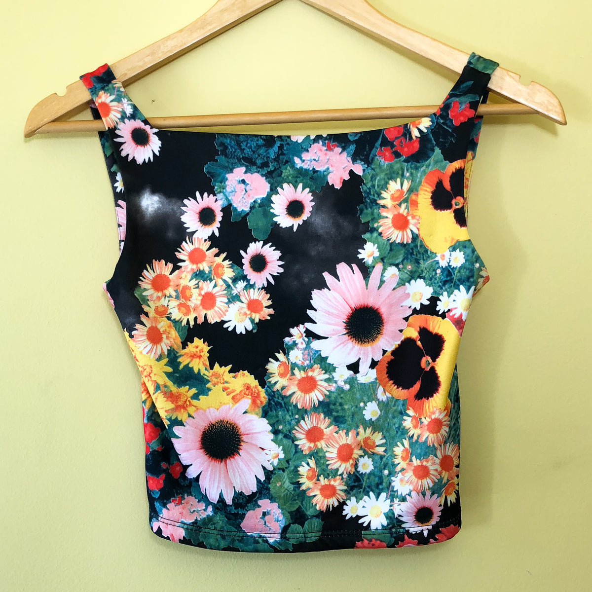 Floral Photo Print Cage Back 90s Tank Top — vintage 1990s Michelle U.S.A top in black