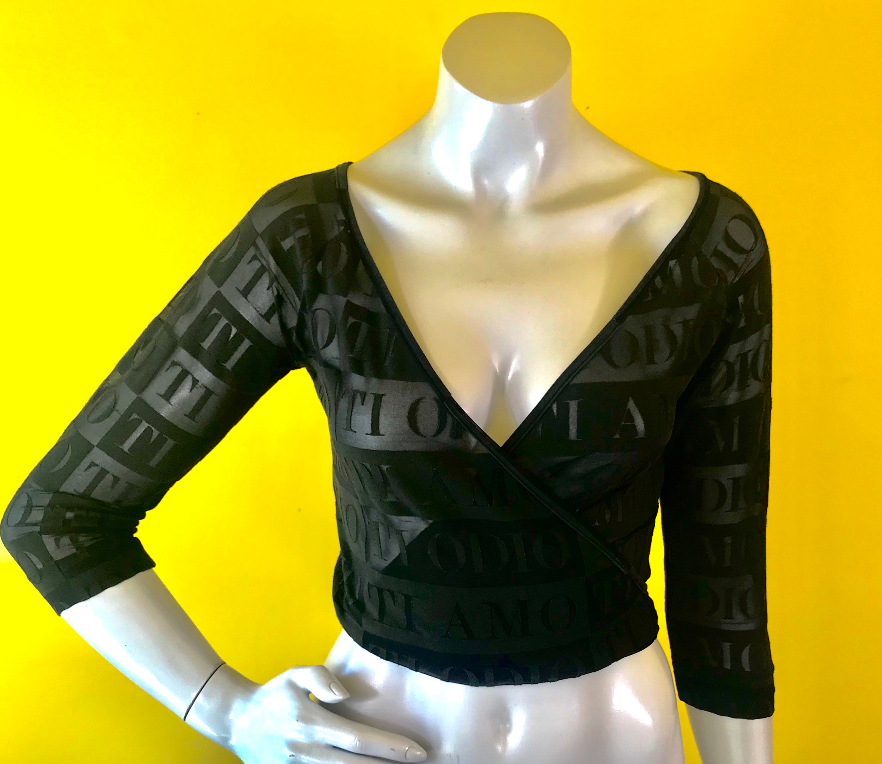 Sheer Black Moschino Cross Body Blouse — vintage 1990s Moschino top in black