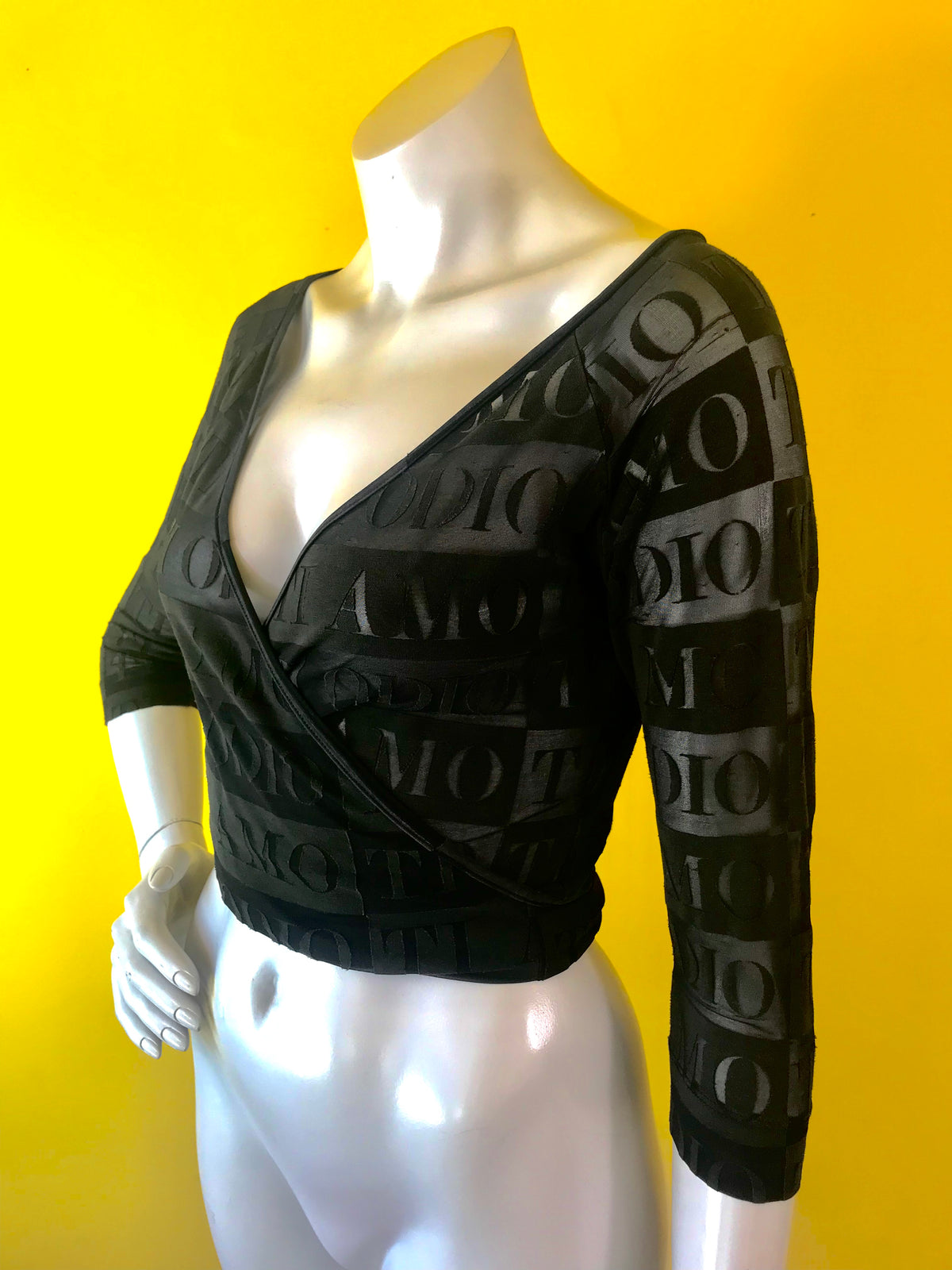 Sheer Black Moschino Cross Body Blouse — vintage 1990s Moschino top in black