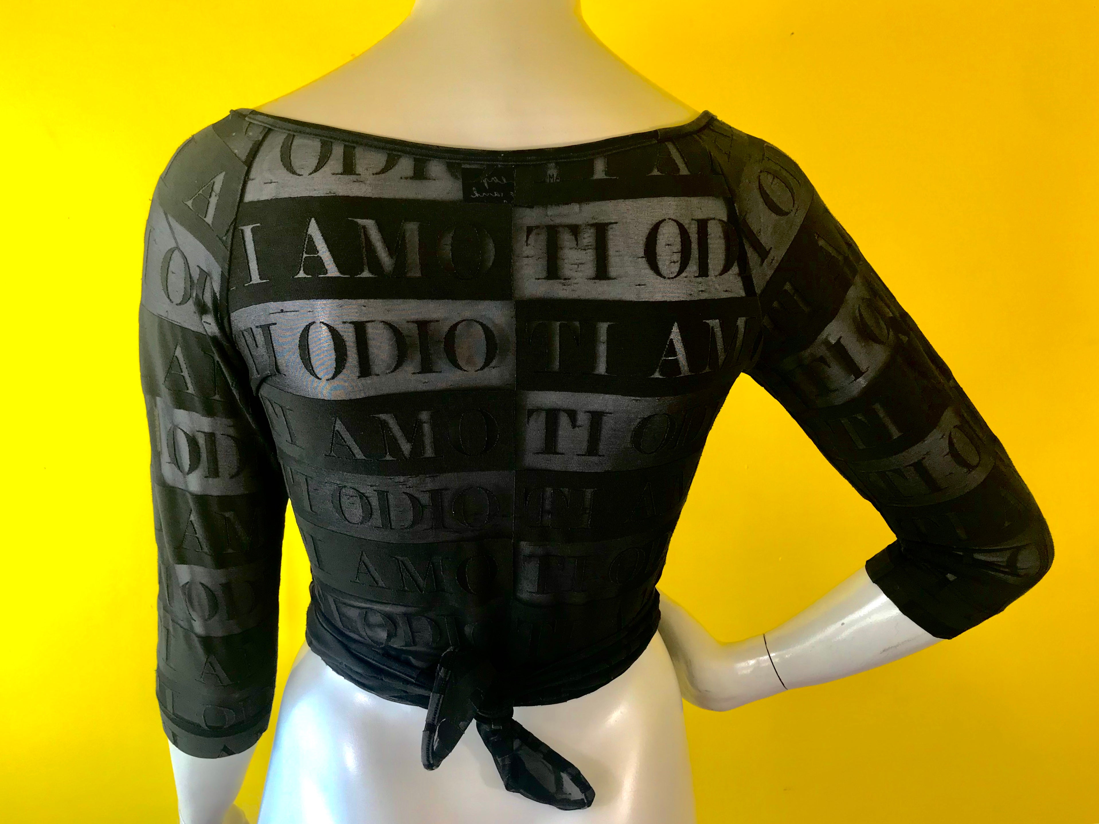 Sheer Black Moschino Cross Body Blouse — vintage 1990s Moschino top in black