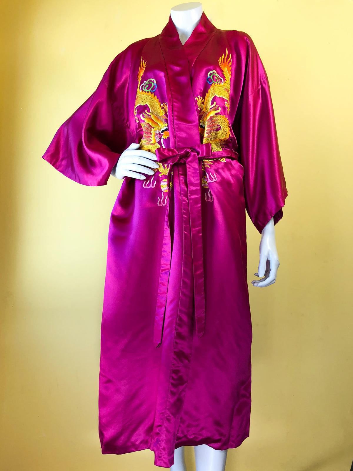 Silk Magenta Chinese Dragon Robe — vintage Golden Bee outerwear in pink