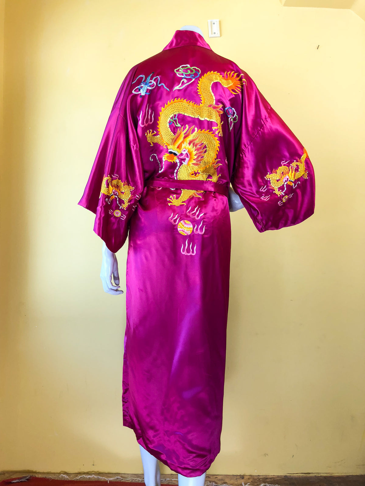 Silk Magenta Chinese Dragon Robe — vintage Golden Bee outerwear in pink