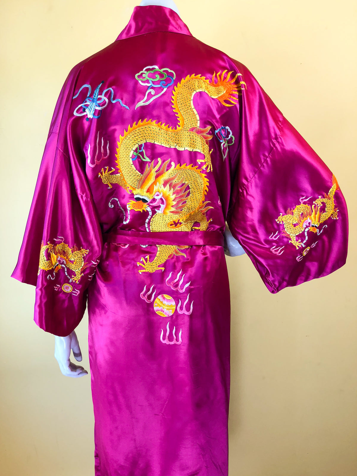 Silk Magenta Chinese Dragon Robe — vintage Golden Bee outerwear in pink