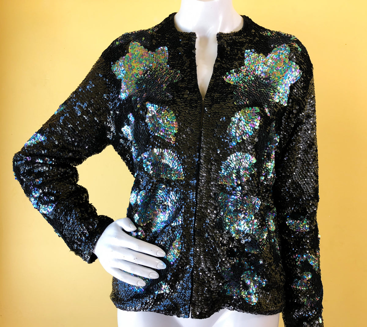 Iridescent Sequin Cardigan Sweater — vintage Golden Peony knit in black, multicolour