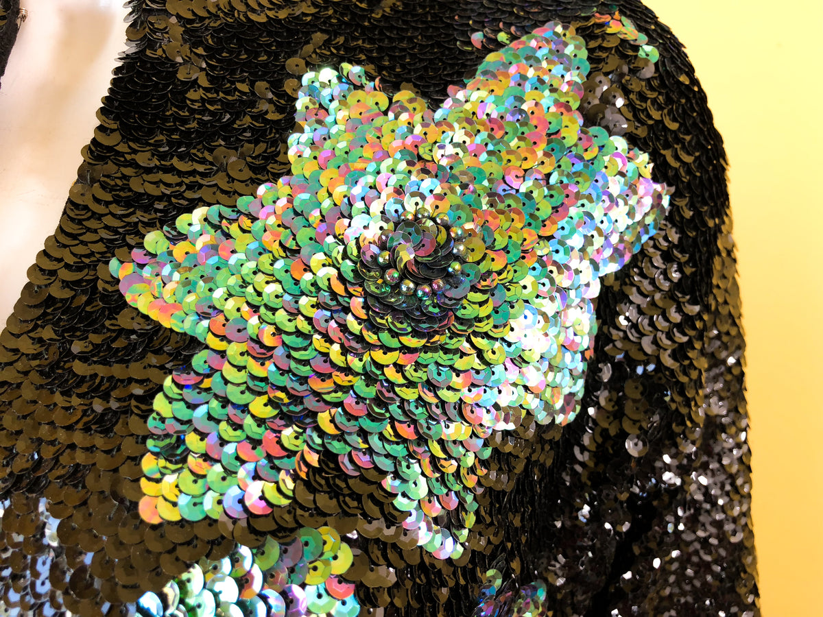 Iridescent Sequin Cardigan Sweater — vintage Golden Peony knit in black, multicolour
