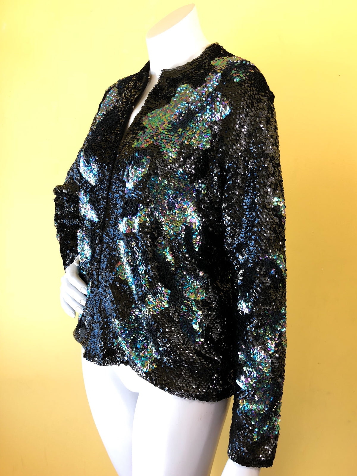 Iridescent Sequin Cardigan Sweater — vintage Golden Peony knit in black, multicolour