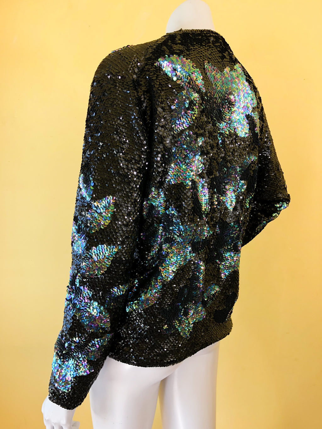 Iridescent Sequin Cardigan Sweater — vintage Golden Peony knit in black, multicolour