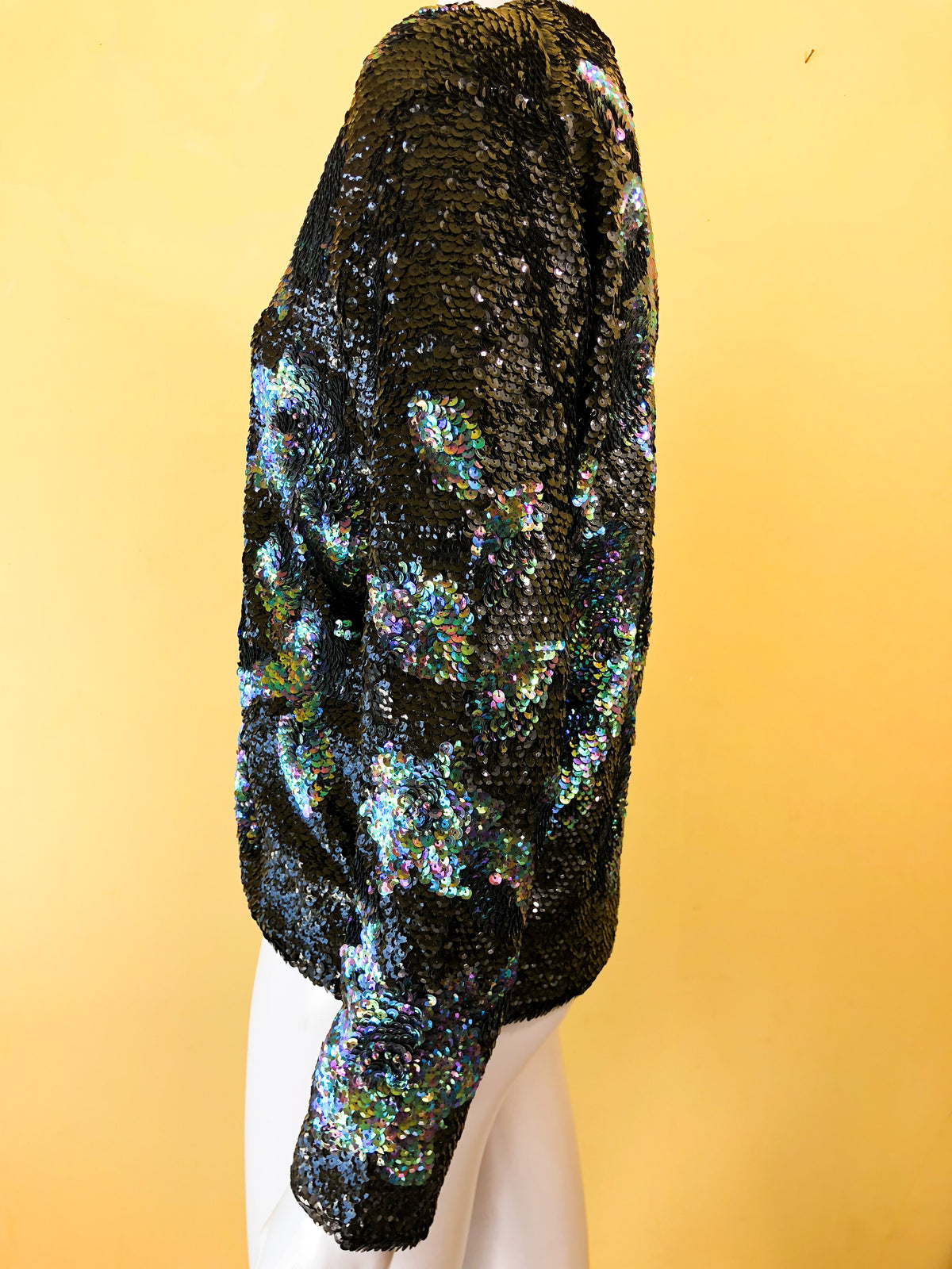 Iridescent Sequin Cardigan Sweater — vintage Golden Peony knit in black, multicolour