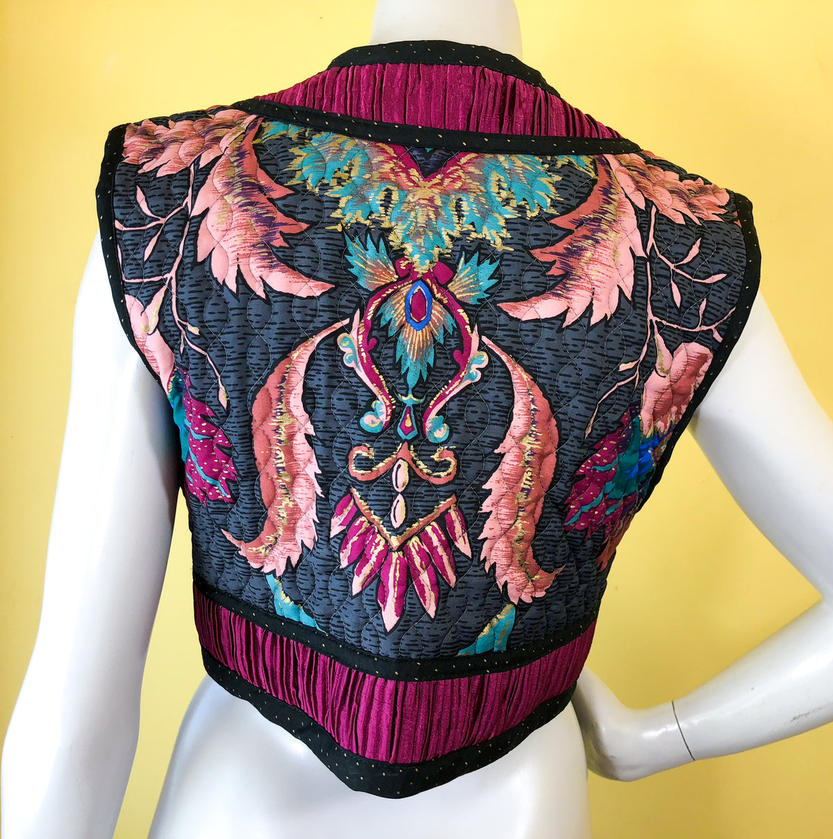 Jeanne Marc Cropped Quilted Genie Vest — vintage 1990s Jeanne Marc top in gold, multicolour