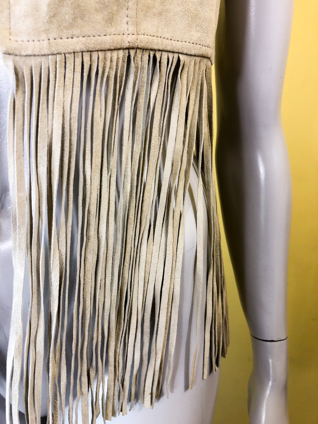 Suede Leather Fringe Vest — vintage 1970s Blanc Noir top in brown