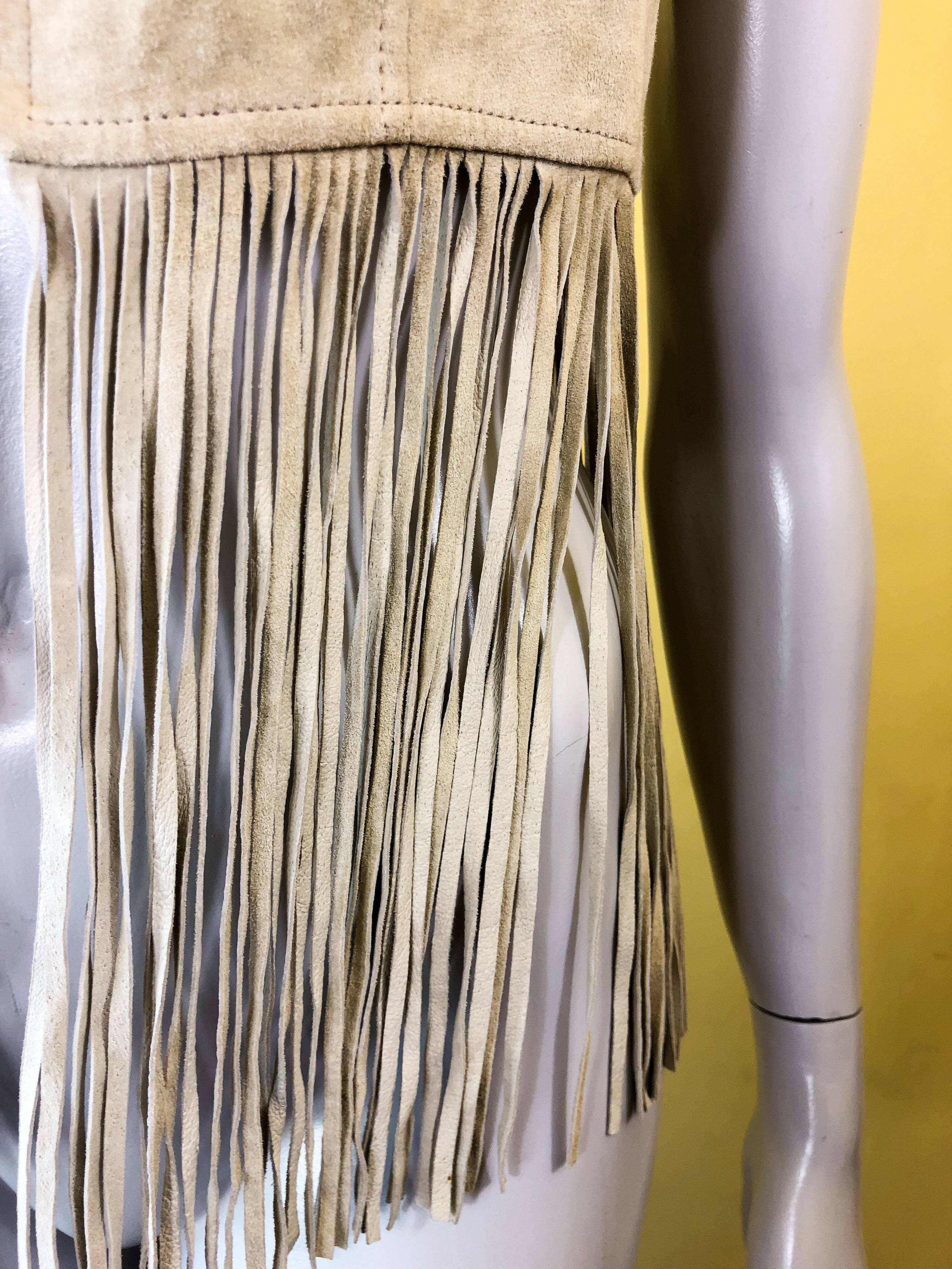 Suede Leather Fringe Vest — vintage 1970s Blanc Noir top in brown