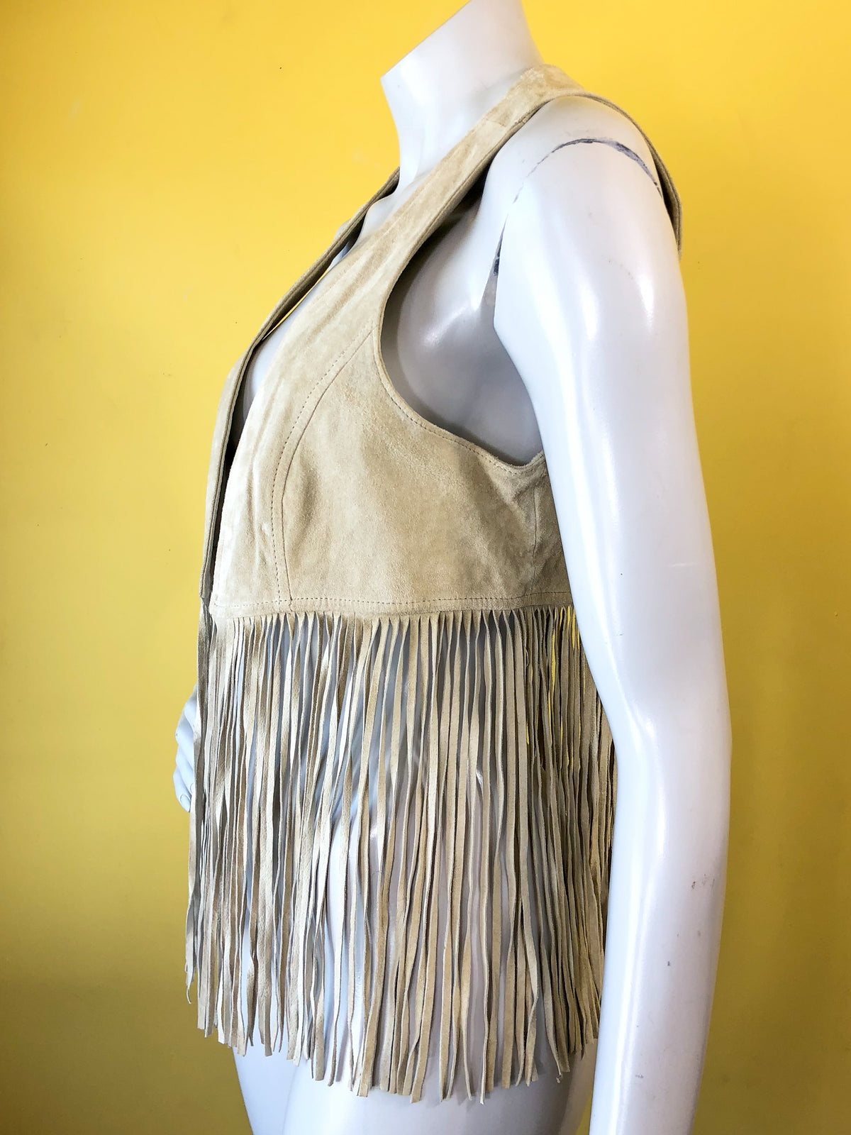 Suede Leather Fringe Vest — vintage 1970s Blanc Noir top in brown