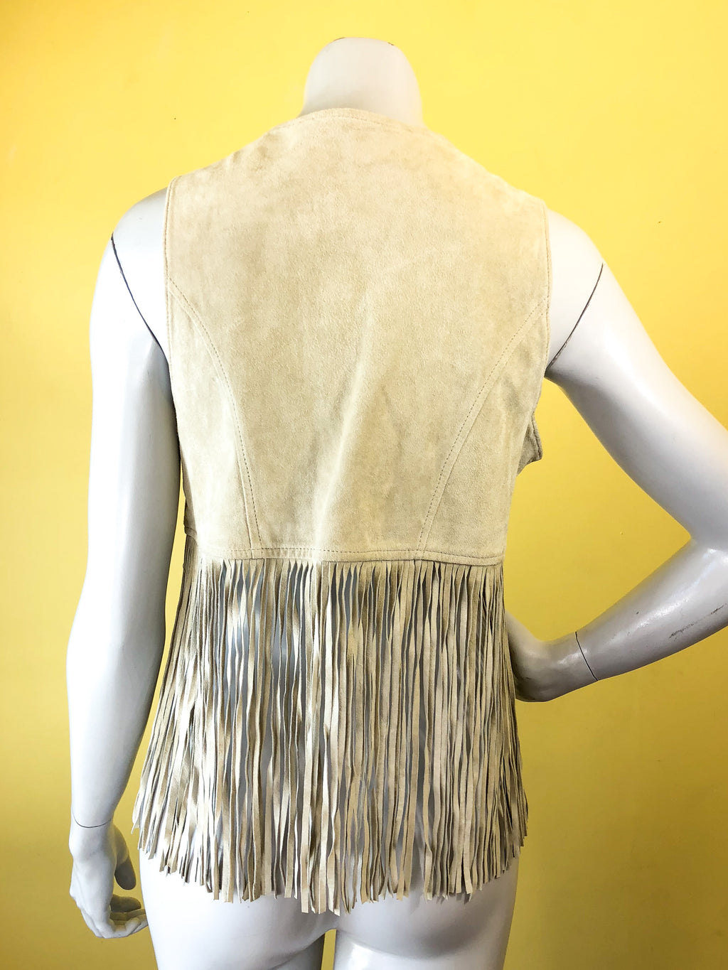 Suede Leather Fringe Vest — vintage 1970s Blanc Noir top in brown