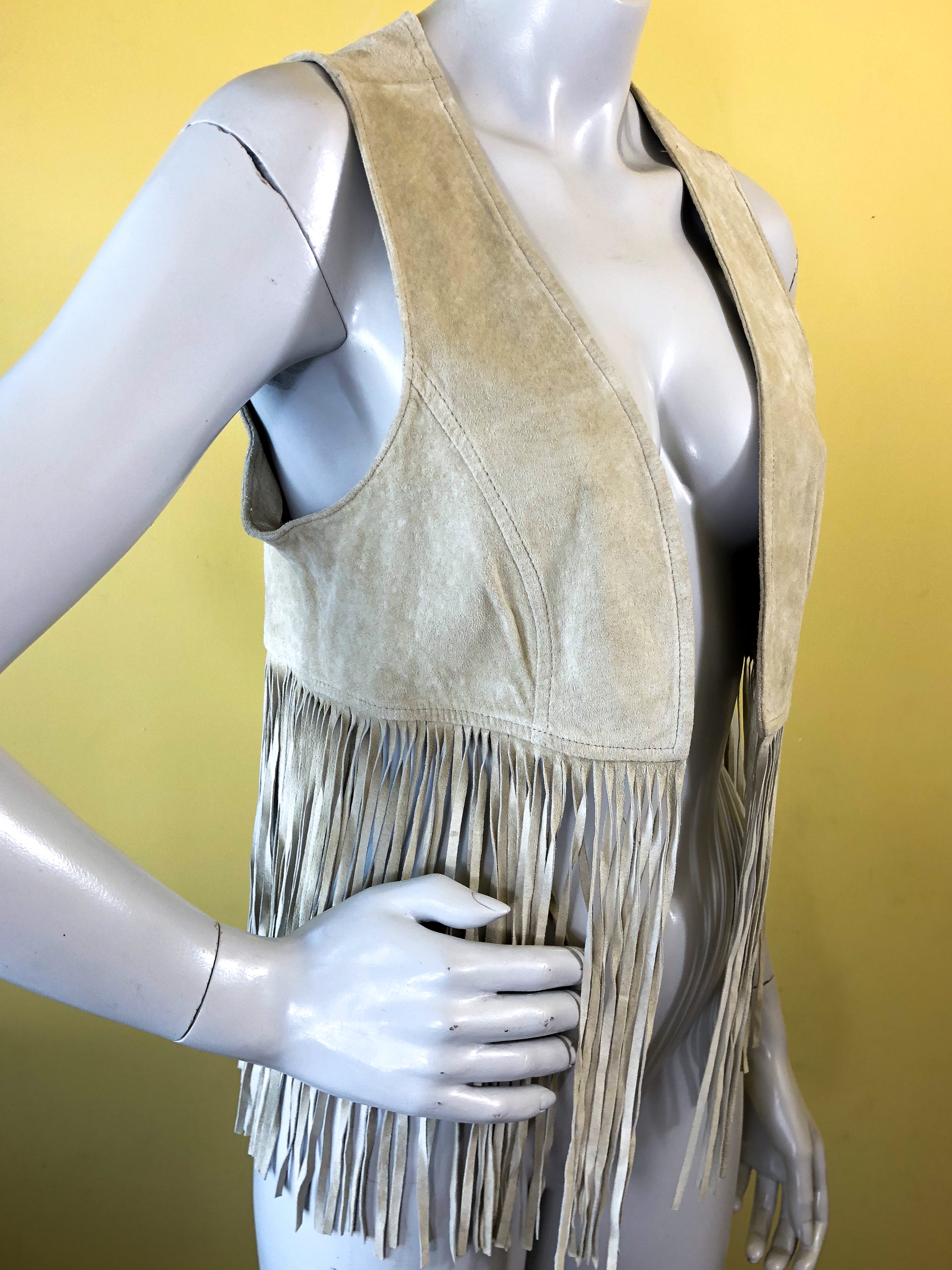 Suede Leather Fringe Vest — vintage 1970s Blanc Noir top in brown
