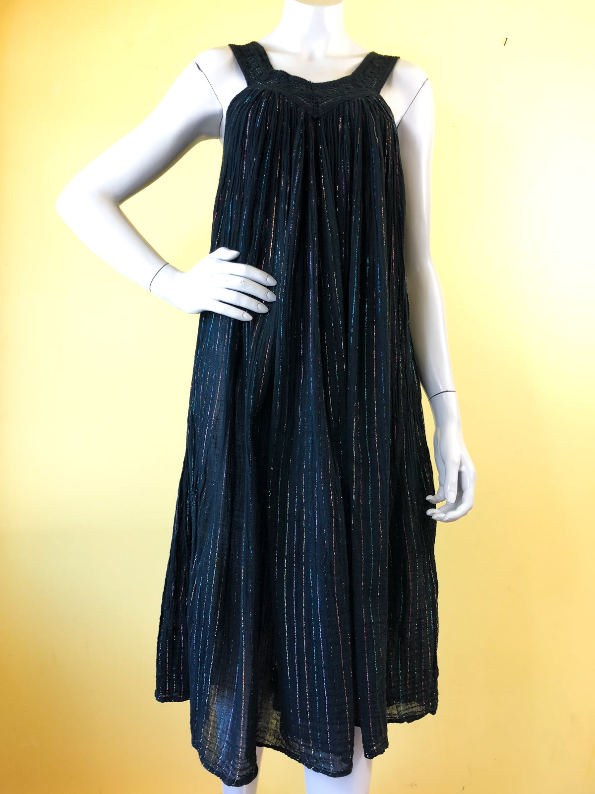 1970s Black Rainbow Cotton Gauze Metallic Dress. Sold in excellent condition at Empress Vintage in Berkeley, CA.