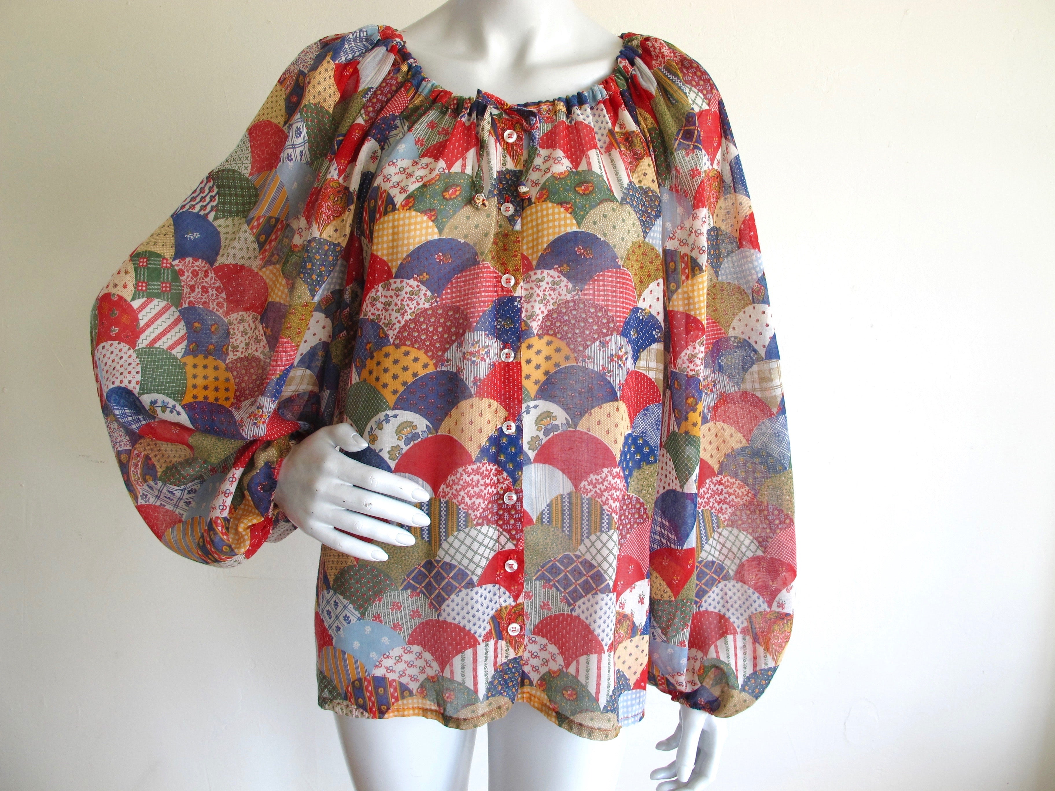 Balloon Sleeve Semi-Sheer Patchwork Print Blouse — vintage 1970s top