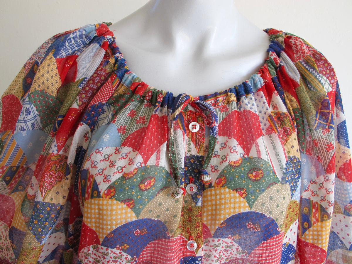 Balloon Sleeve Semi-Sheer Patchwork Print Blouse — vintage 1970s top