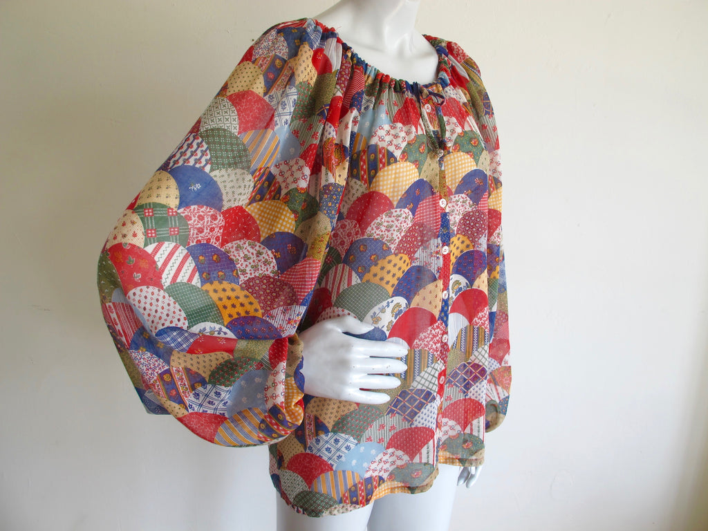 Balloon Sleeve Semi-Sheer Patchwork Print Blouse — vintage 1970s top