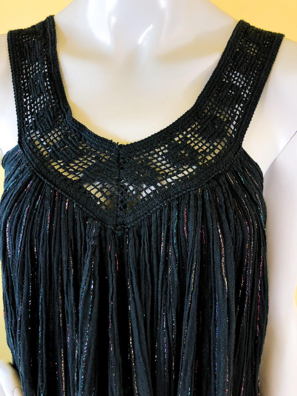 1970s Black Rainbow Cotton Gauze Metallic Dress — vintage 1970s dress in black, multicolour