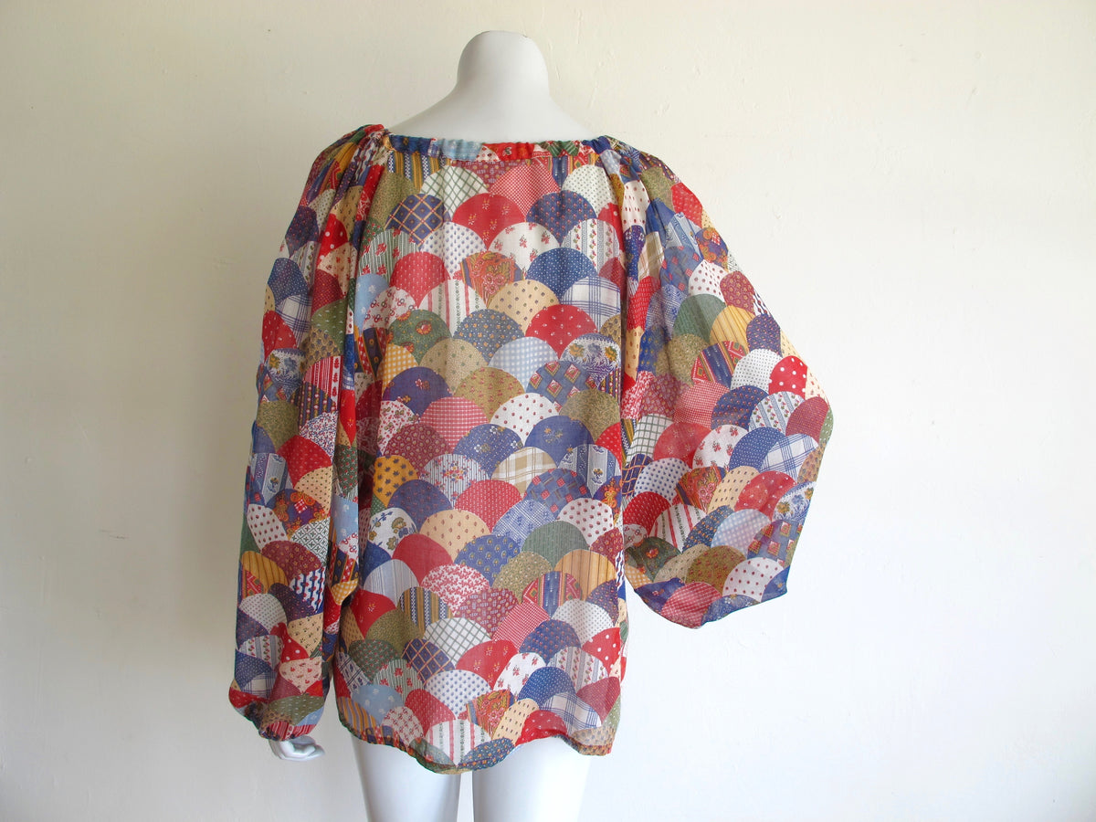 Balloon Sleeve Semi-Sheer Patchwork Print Blouse — vintage 1970s top