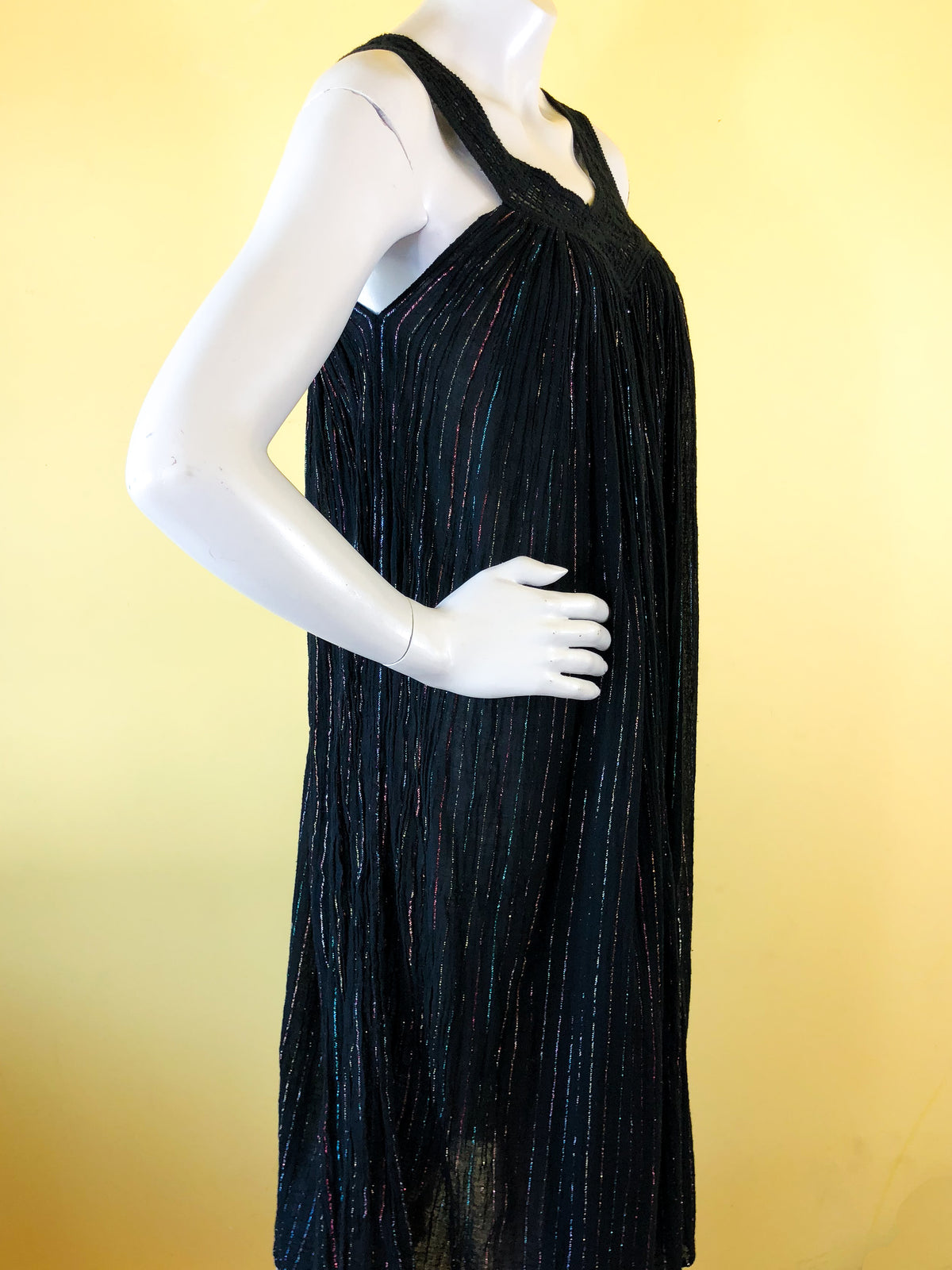 1970s Black Rainbow Cotton Gauze Metallic Dress — vintage 1970s dress in black, multicolour