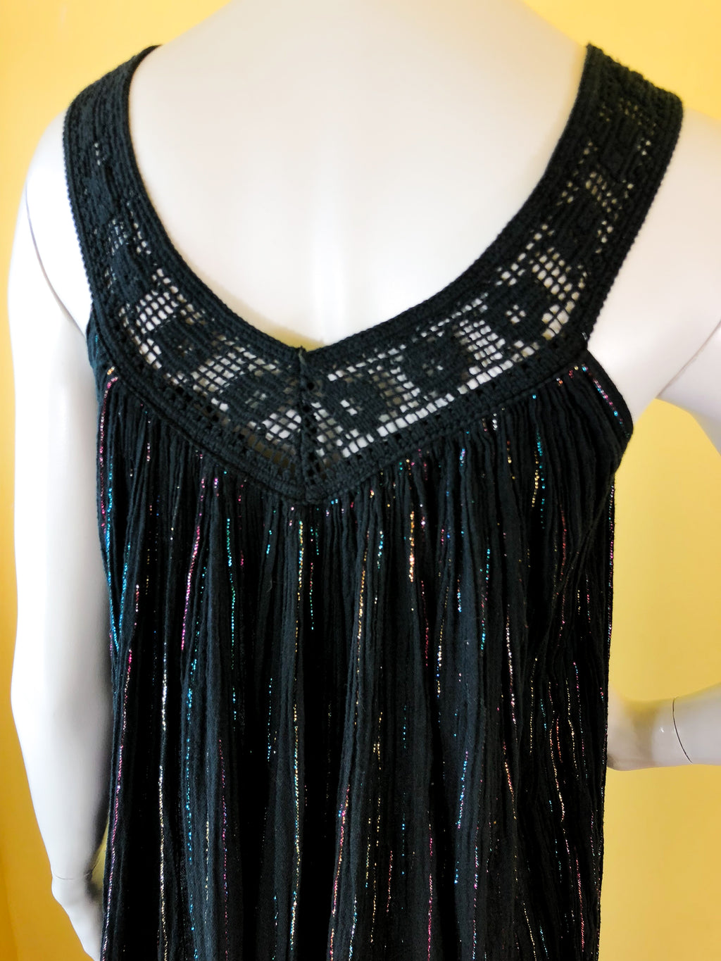 1970s Black Rainbow Cotton Gauze Metallic Dress — vintage 1970s dress in black, multicolour