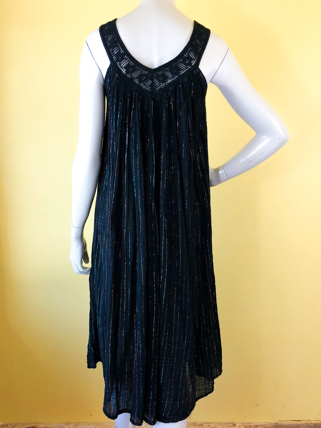1970s Black Rainbow Cotton Gauze Metallic Dress — vintage 1970s dress in black, multicolour