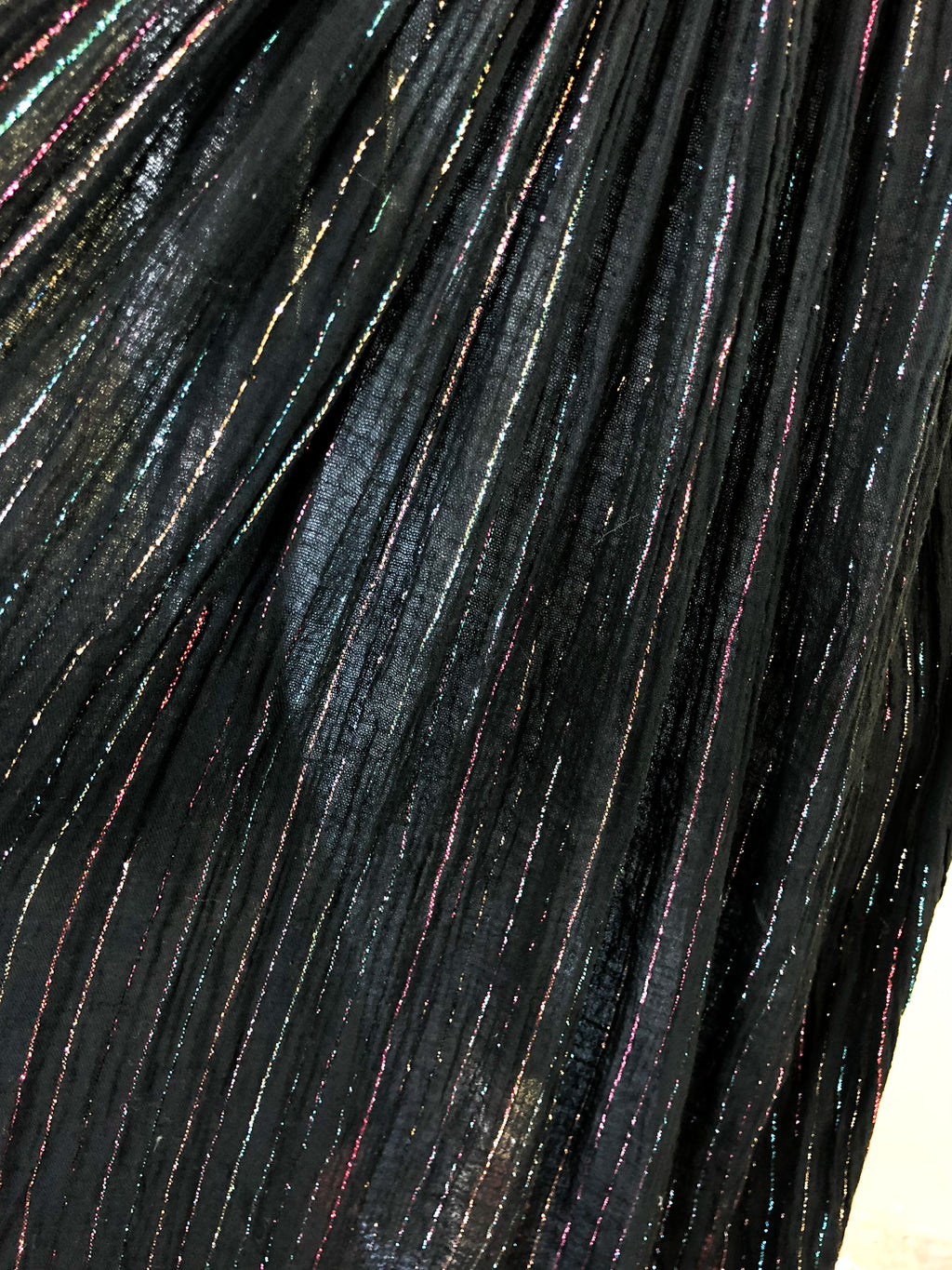 1970s Black Rainbow Cotton Gauze Metallic Dress — vintage 1970s dress in black, multicolour
