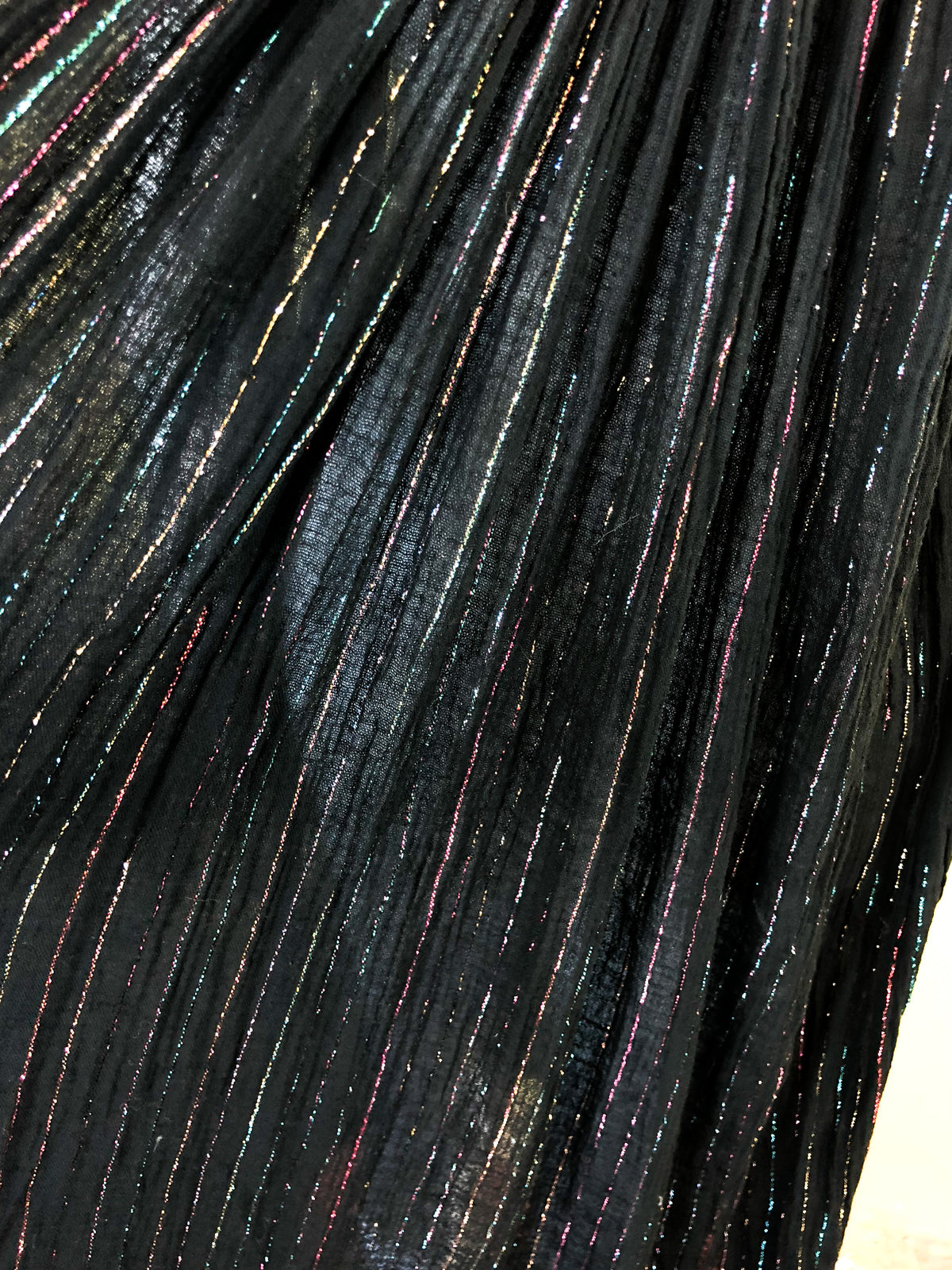1970s Black Rainbow Cotton Gauze Metallic Dress — vintage 1970s dress in black, multicolour
