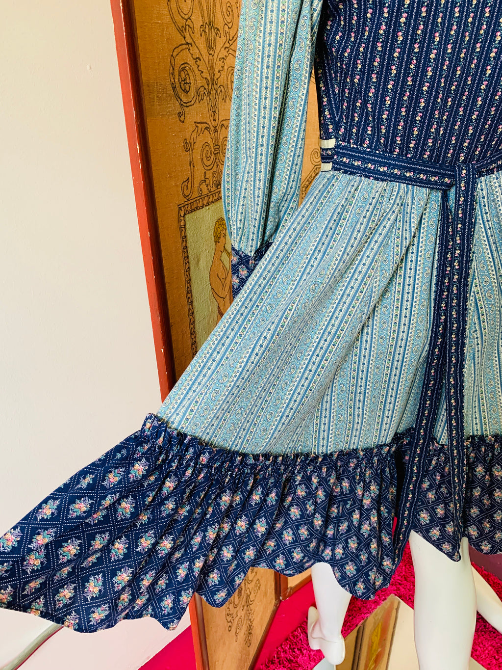 Blue Floral 1970s xs Handmade Pintuck Prairie Dress — vintage 1970s dress in blue