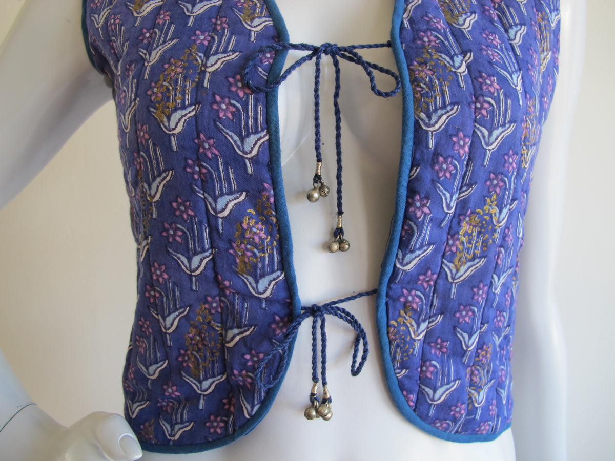 Indian Cotton Gold Painted Quilted Vest — vintage top in gold