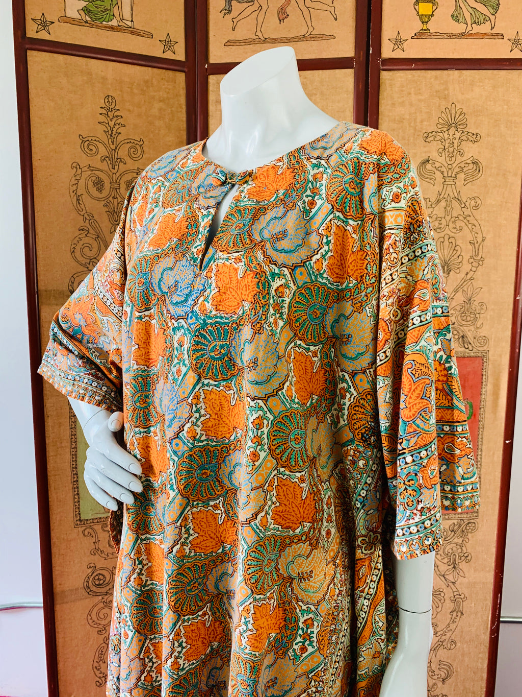 1970s Block Print Cotton Paisley Caftan — vintage 1970s dress