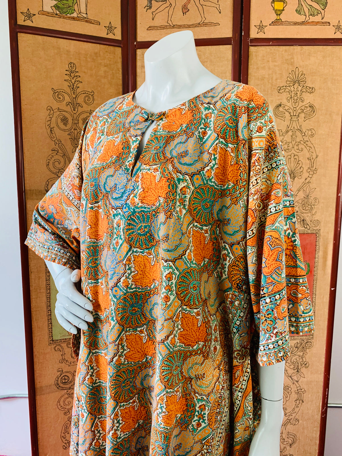 1970s Block Print Cotton Paisley Caftan — vintage 1970s dress