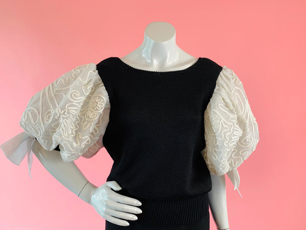 Black & White Puff Sleeve Knit Sweater — vintage top in black, white