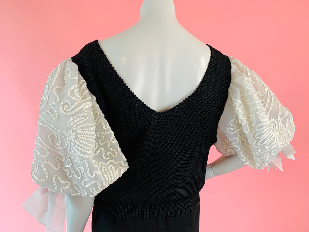Black & White Puff Sleeve Knit Sweater — vintage top in black, white